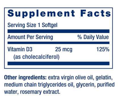 Life Extension Vitamin D3 25 mcg (1000 IU), Immune System Support, Bone Health, Whole-Body Health, Value Size, Gluten-Free, Non-GMO, 250 softgels