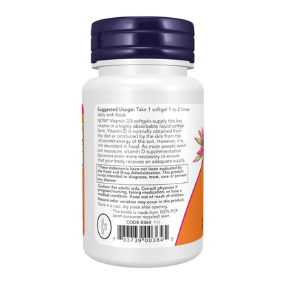 NOW Supplements, Vitamin D-3 400 IU, Strong Bones*, Structural support*, 180 Softgels