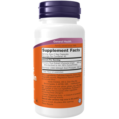 NOW Foods Supplements, Turmeric & Bromelain (Standardized Turmeric Extract) with Bromelain 2400 GDU/g, 90 Veg Capsules