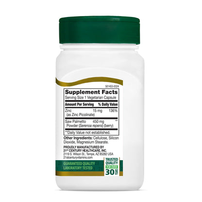 21st Century Saw Palmetto Extract 450mg Vegetarian Capsules, 60 Count