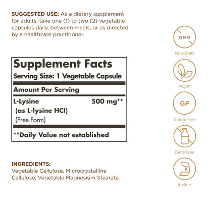 Solgar - L-Lysine 500 mg Vegetable Capsules Count
