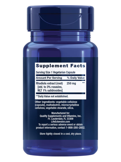 Life Extension Rhodiola Extract, Rhodiola rosea Supplement, standardized Extract, Promotes Physical and Mental Performance, Gluten-Free, Non-GMO, Vegetarian, 250 mg, 60 Capsules