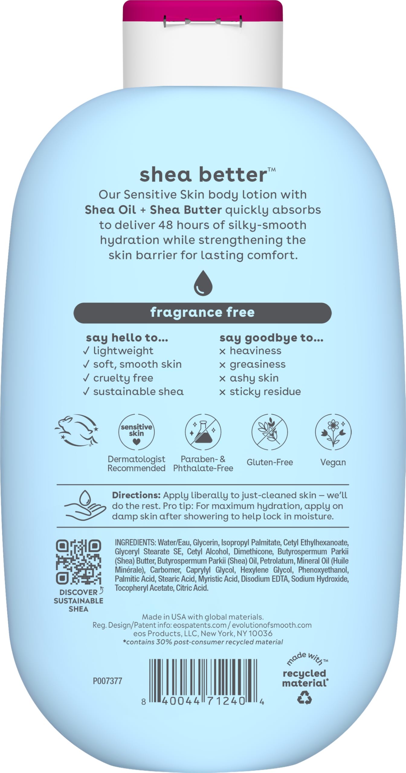 eos Shea Better Sensitive Skin Body Lotion- Fragrance Free, 48HR Moisture, 16 fl oz