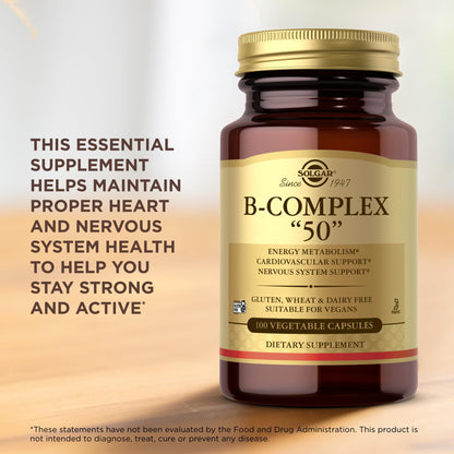 Solgar B-Complex "50" - 100 Vegetable Capsules - Energy Metabolism, Cardiovascular & Nervous System Support - Non-GMO, Vegan, Gluten Free - 100 Servings