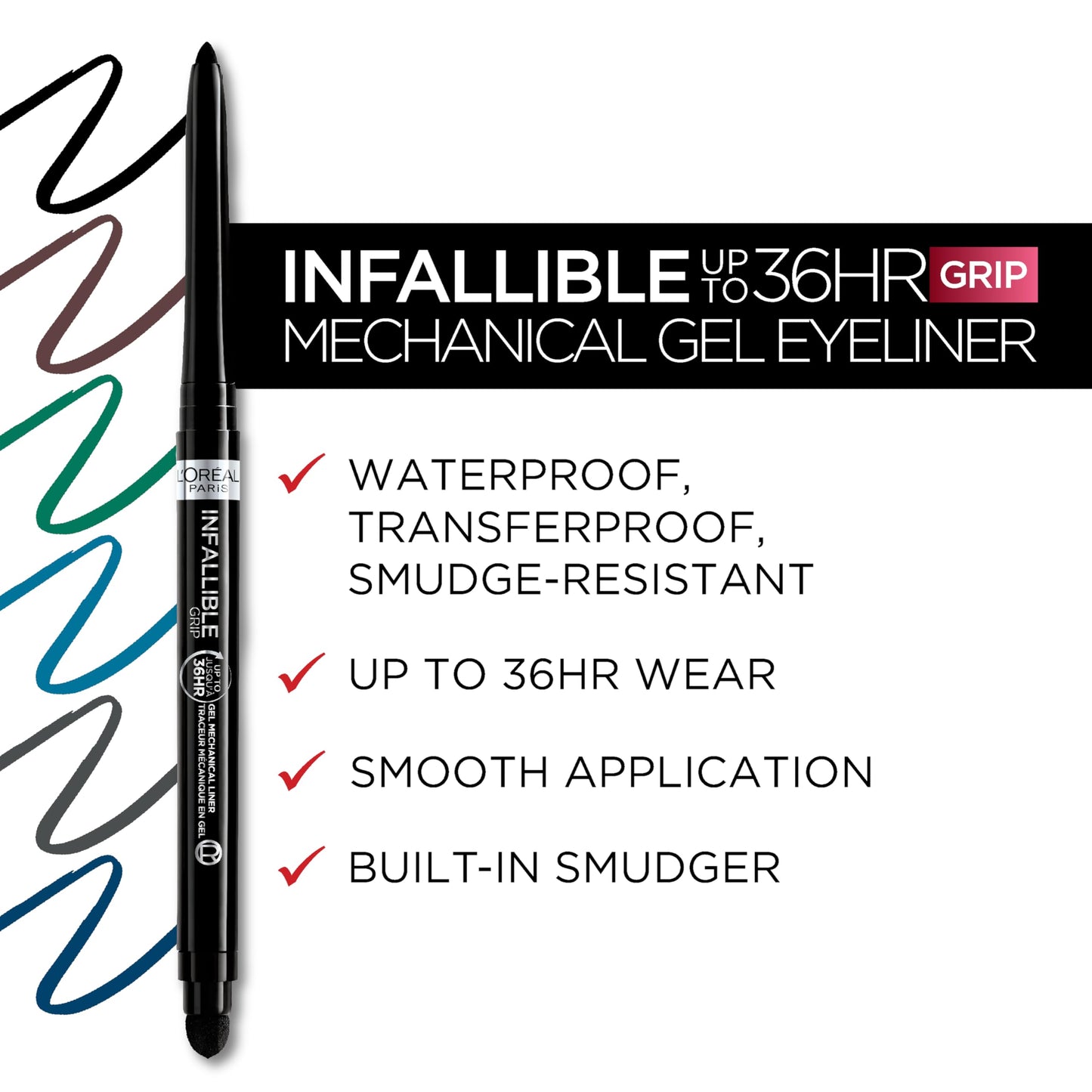L'ORÉAL Infallible Grip Mechanical Gel Eyeliner Pencil, Smudge-Resistant, Waterproof Eye Makeup with Up to 36HR Wear, Emerald Green, 1 Kit, 1 Fl Oz (Pack of 1)