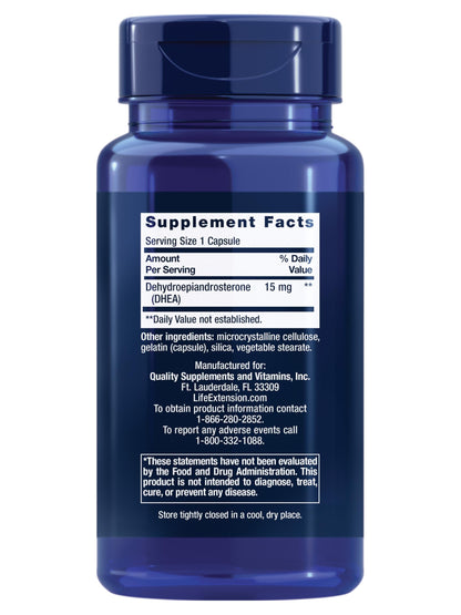 Life Extension DHEA 15 mg – Hormone Balance Supplement, Memory, Muscle Mass and Bone Density Support, Healthy Sex Drive, Gluten-Free, Non-GMO, 100 Capsules
