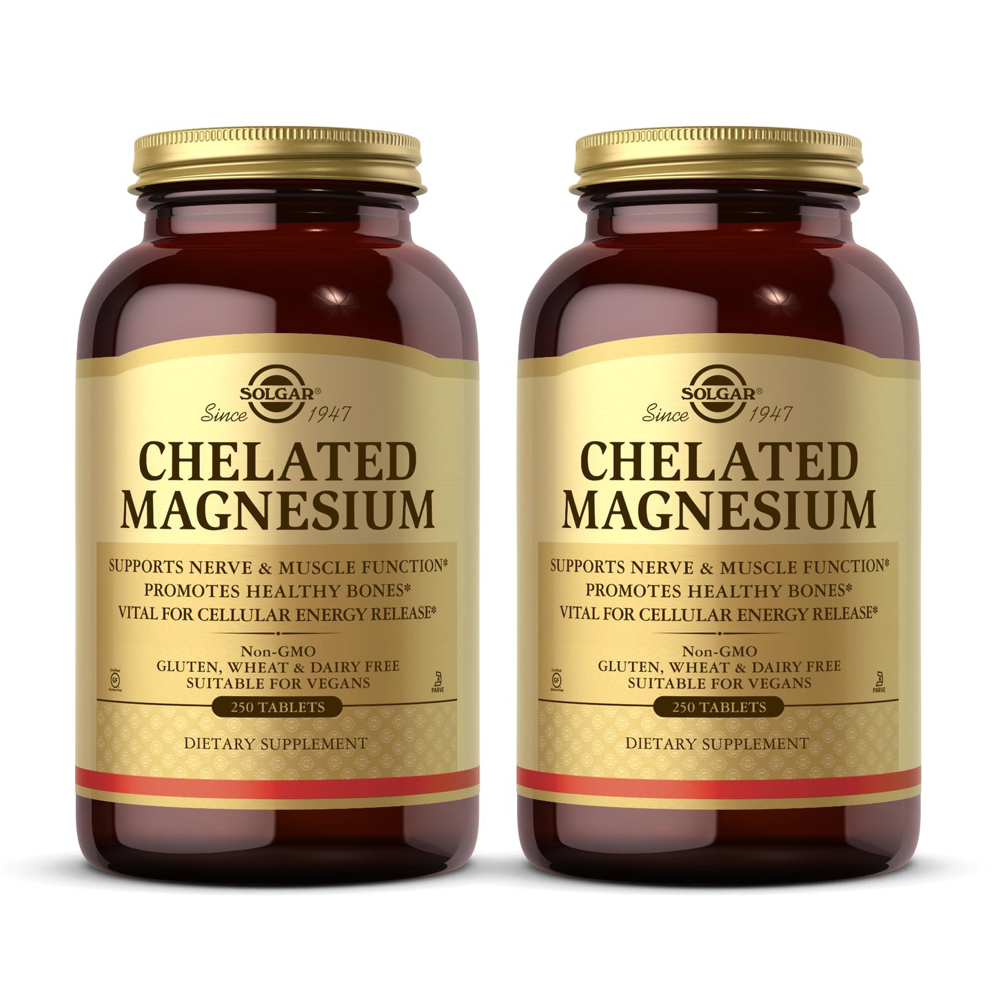 Solgar Chelated Magnesium - 250 Tablets, Pack of 2 - Supports Nerve & Muscle Function - Non-GMO, Vegan, Gluten Free, Dairy Free, Kosher - Approx. 124 Servings