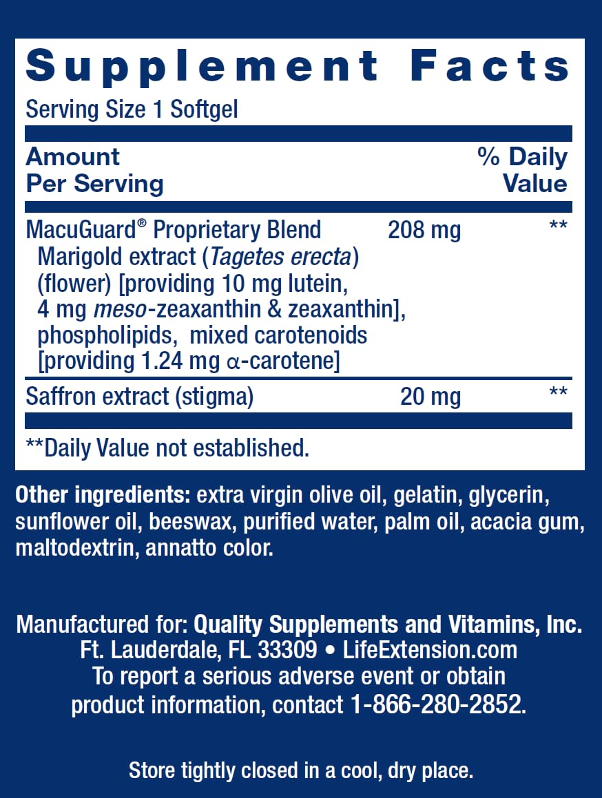 Life Extension MacuGuard Ocular Support with Saffron, 100 softgels