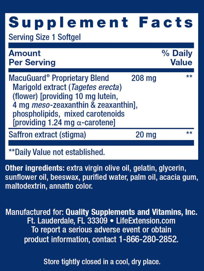 Life Extension MacuGuard Ocular Support with Saffron, 100 softgels