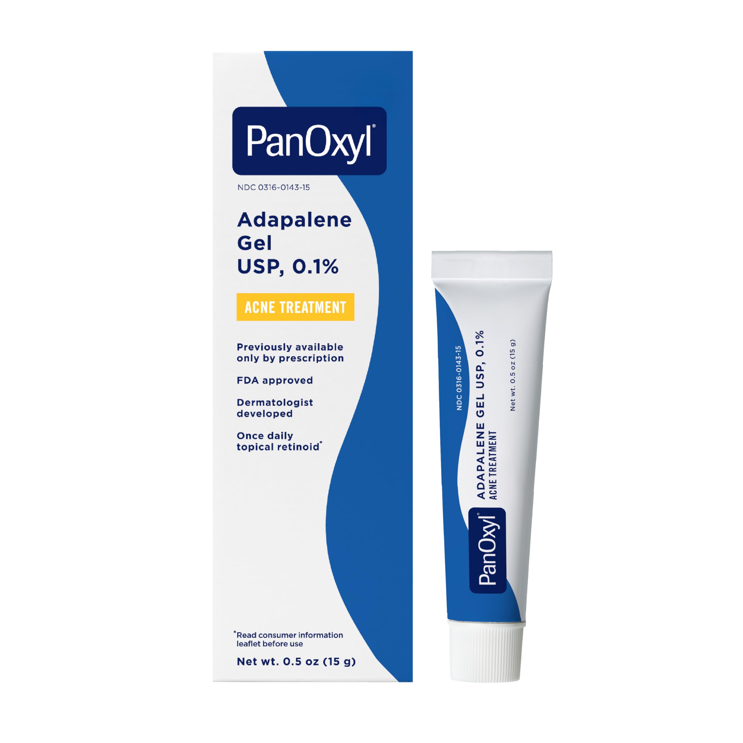 PanOxyl Adapalene 0.1% Leave-On Gel, Retinoid Gel Acne Treatment, 30-Day Supply, Acne Prone Skin, Oil, Fragrance, and Paraben Free, 0.5 oz