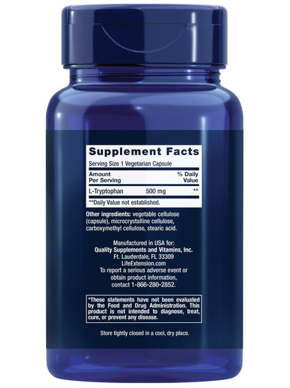 Life Extension L-Tryptophan, 500 mg, Encourages Healthy Serotonin Levels and Promotes Healthy Sleep, Mood, Stress Response & Satiety, Gluten-Free, Non-GMO, Vegetarian, 90 Capsules