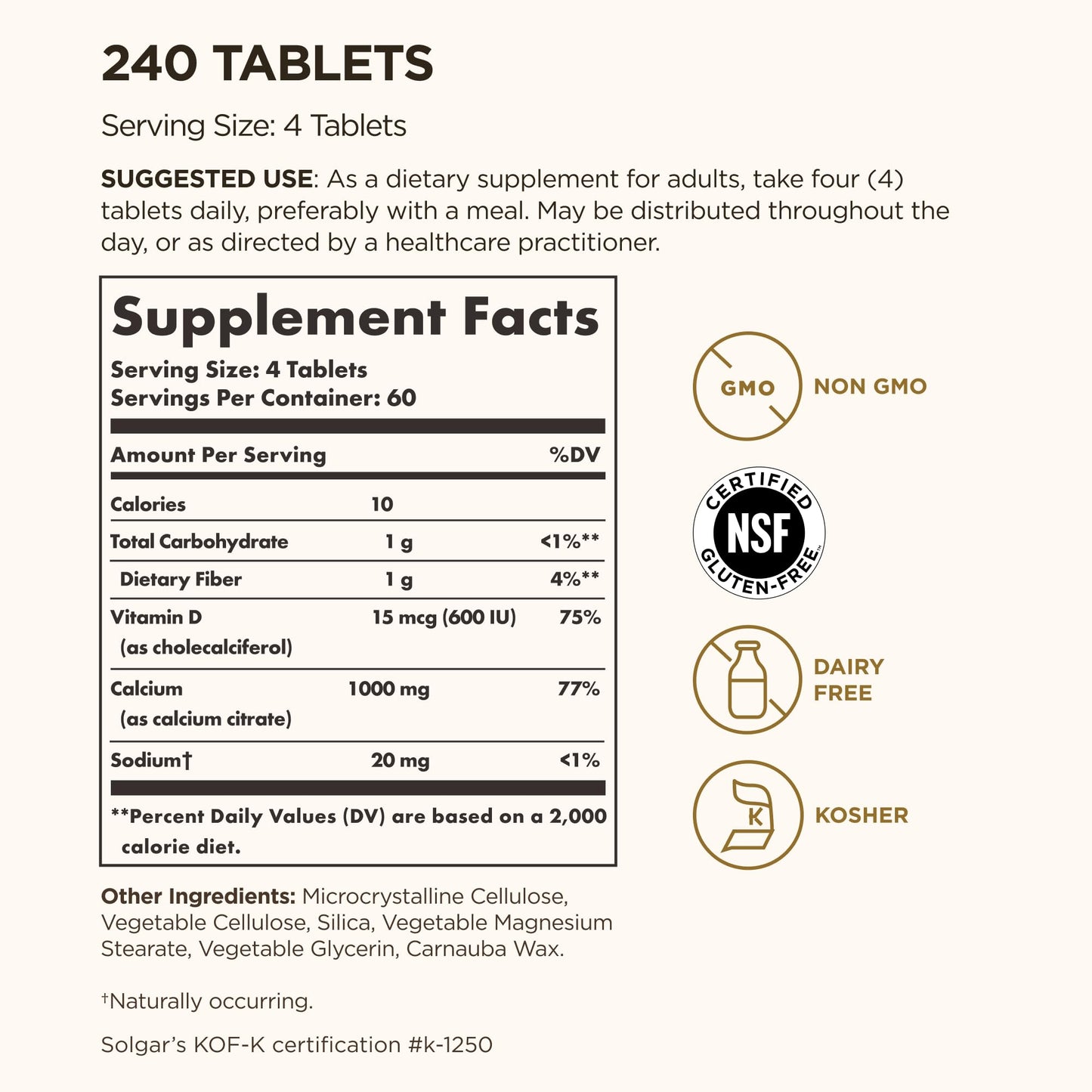 Solgar Calcium Citrate with Vitamin D3, 240 Tablets - 60 Servings