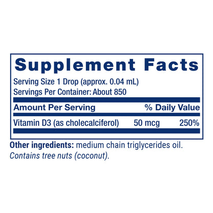 Life Extension Liquid Vitamin D3, 50 mcg (2000 IU), Immune System Support, Bone Health, Whole-Body Health, unflavored, Gluten-Free, Non-GMO, 29.57 ml