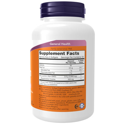 NOW Supplements, Lecithin 1200 mg with naturally occurring Phosphatidyl Choline, 100 Softgels