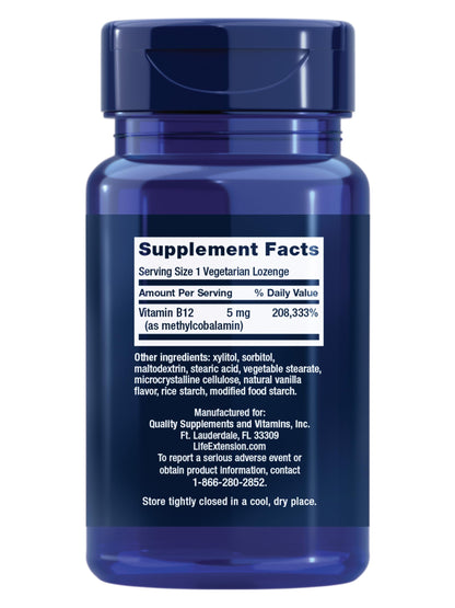 Life Extension Vitamin B12 Methylcobalamin, Nerve Health Supplement, Cognitive Support, Energy Vitamin, methylcobalamin B12, 5 mg, Quick-Dissolving, Gluten-Free, Non-GMO, Vegetarian, 60 lozenges