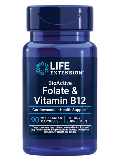 Life Extension BioActive Folate & Vitamin B12, Promotes Heart, Brain & GI Tract Health, Non-GMO, Gluten-Free, Vegetarian, 90 Capsules