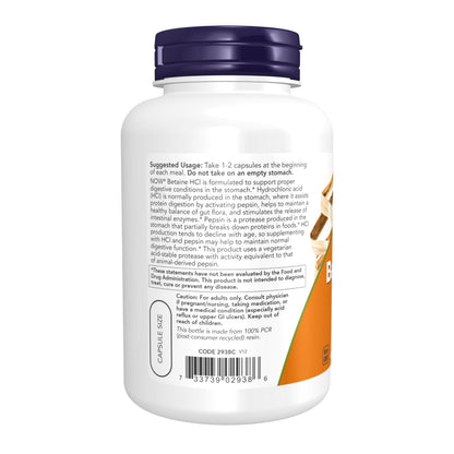 NOW Foods Supplements, Betaine HCl 648 mg, Vegetarian Formula, Digestive Support*, 120 Veg Capsules