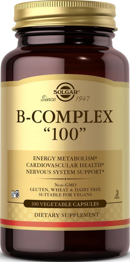 Solgar B-Complex "100", 100 Vegetable Capsules - Nervous System Support - Supports Energy Metabolism - Non-GMO, Vegan, Gluten Free, Dairy Free, Kosher - 100 Servings
