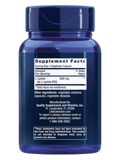 Life Extension L-Lysine, 620 mg, Essential Amino Acid for Healthy nitrogen Balance, Calcium Metabolism, Stress Response & More, Gluten-Free, Non-GMO, Vegetarian, 100 Capsules