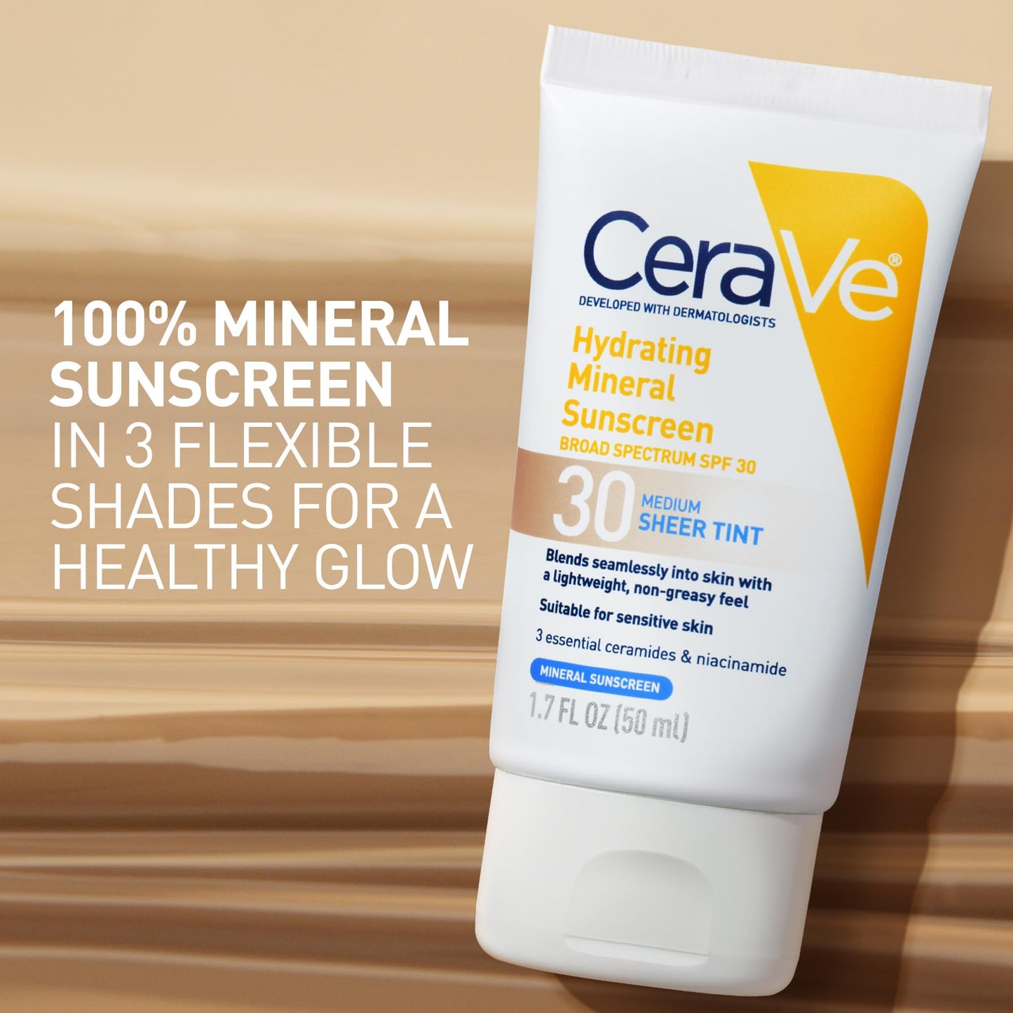 CeraVe Hydrating Mineral Sunscreen SPF 30 with Sheer Tint,Tinted Mineral Sunscreen with Zinc Oxide & Titanium Dioxide,Blends Seamlessly For Healthy Glow,Deep,1.7 Oz,(Pack of 2)