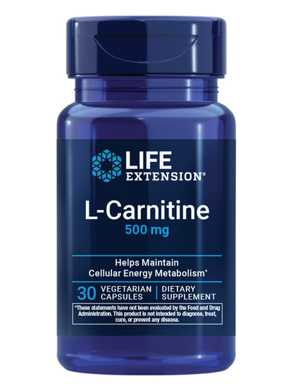 Life Extension L-Carnitine – 500 mg, Energy Supplement, Memory Supplement – Free Form Amino Acid, Nitric Oxide Support, Healthy Blood Pressure – Gluten-Free, Non-GMO, Vegetarian – 30 Capsules