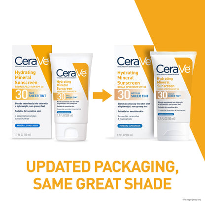 CeraVe Tinted Sunscreen for Face, Mineral SPF 30 Moisturizer, Medium, 1.7oz