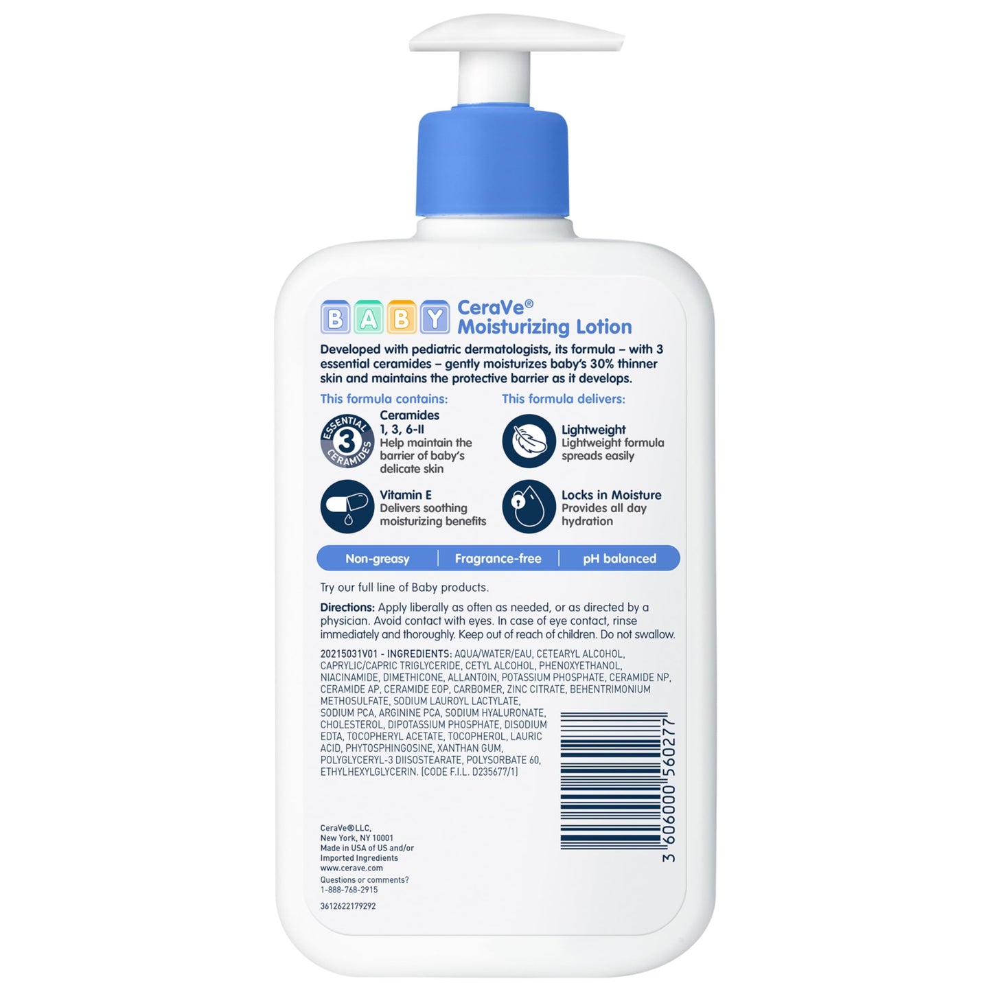CeraVe Baby Lotion, Baby Skin Moisturizer with Vitamin E & Niacinamide,16oz