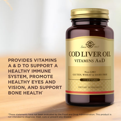 Solgar Cod Liver Oil - 250 Softgels - Provides Vitamins A & D - Non-GMO, Gluten Free - 250 Servings
