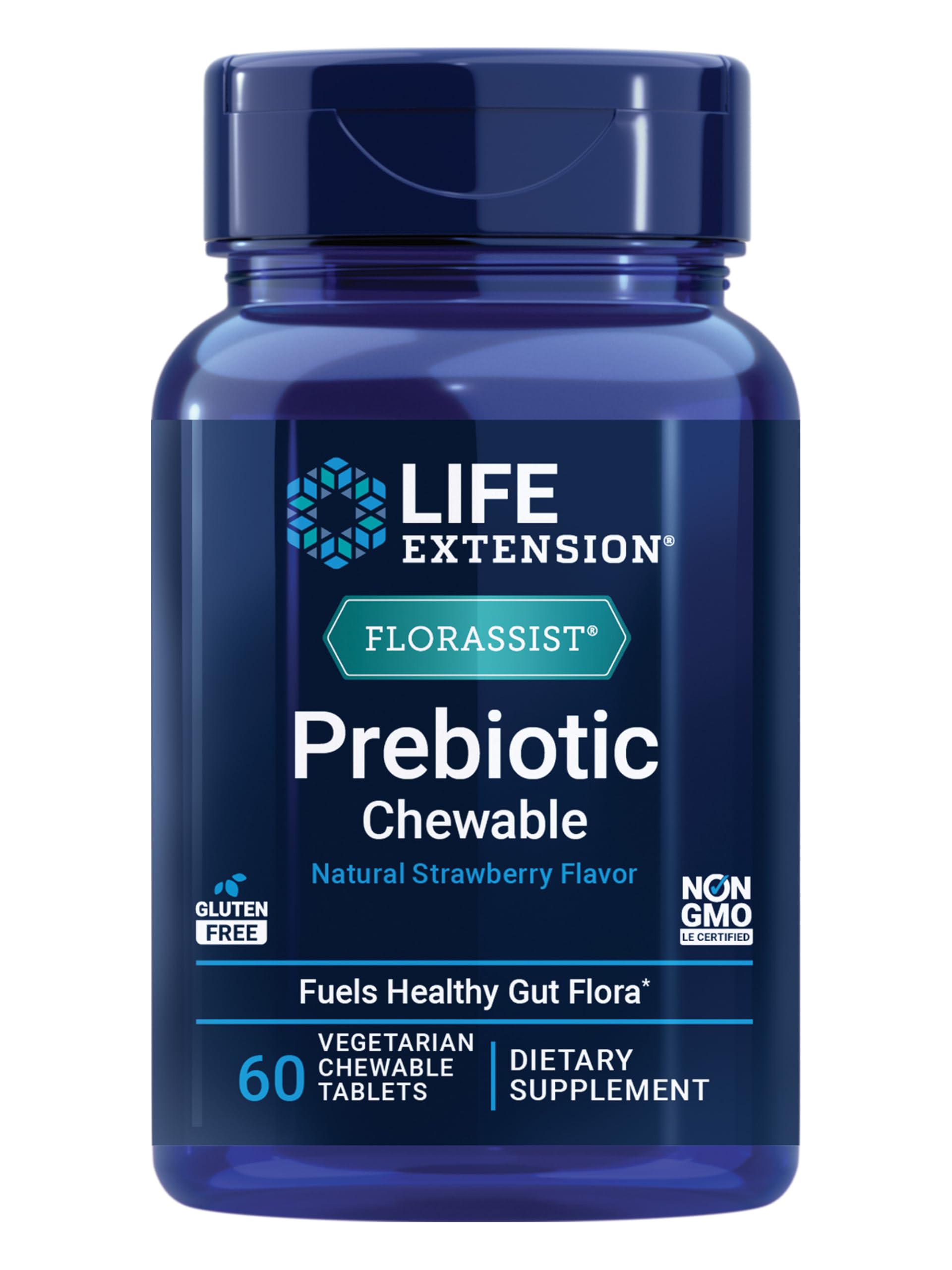Life Extension FLORASSIST® Prebiotic Chewable (Strawberry), 1000 mg xylooligosaccharides, prebiotic Supplement Provides Fuel for Gut Flora, Gluten-Free, Non-GMO, Vegetarian, 60 chewable Tablets