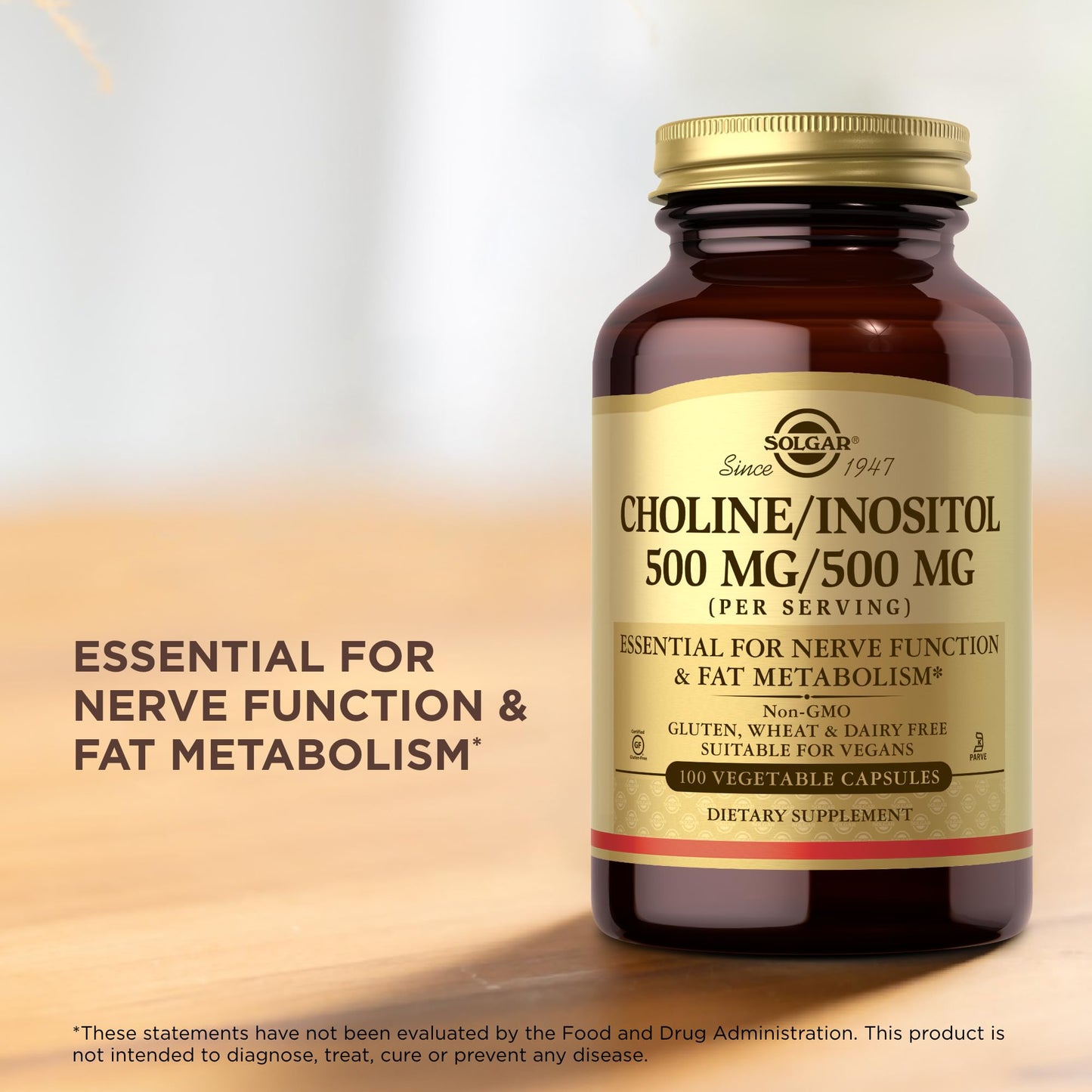 Solgar Choline/Inositol 500 mg/500 mg, 100 Vegetable Capsules (Pack of 2) - Energy Metabolism, Liver Health, Essential for Brain & Nerve Function - Non-GMO, Vegan, Kosher - 100 Total Servings
