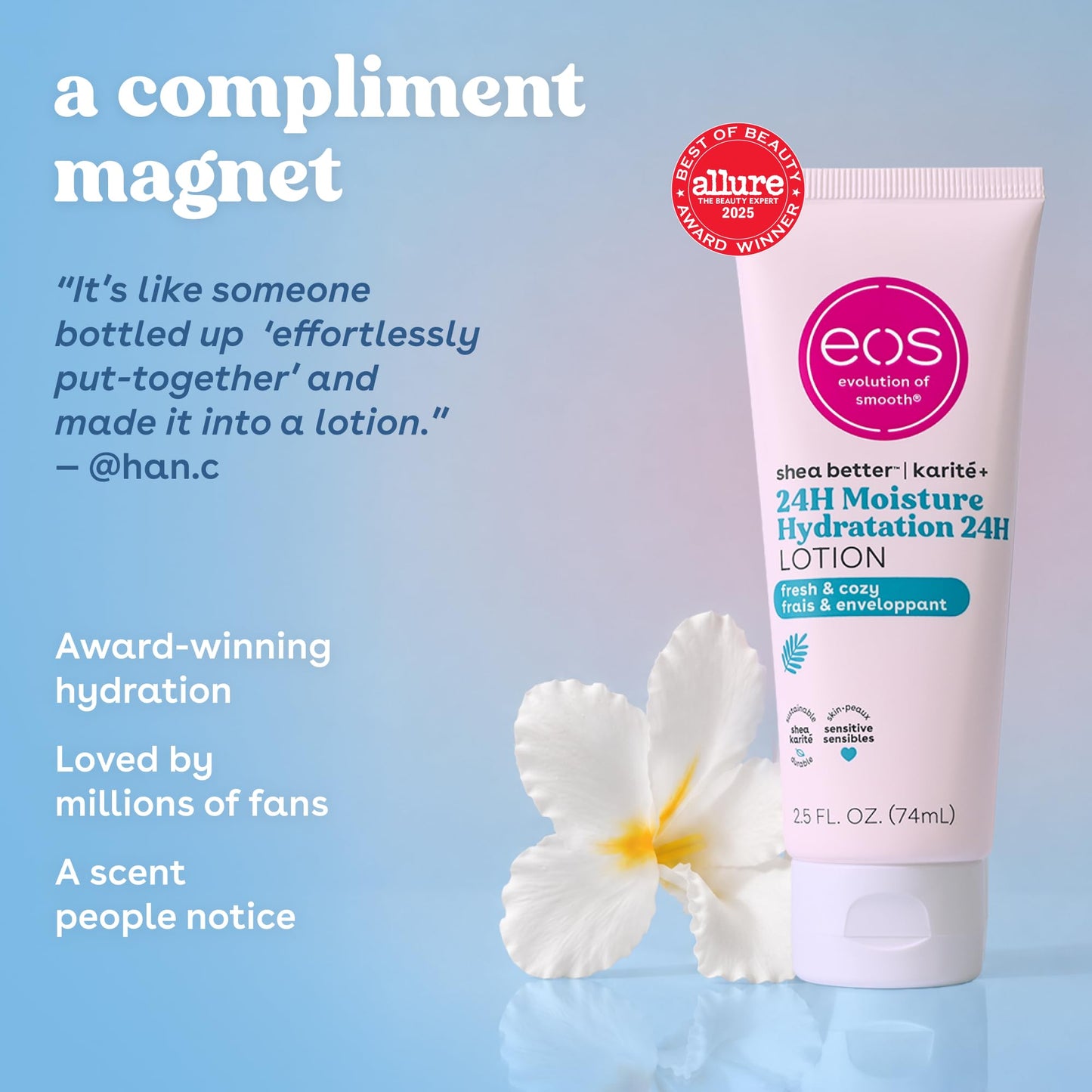 eos 24H Moisture Travel Body Lotion- Fresh & Cozy, Mini Size, 2.5 fl oz