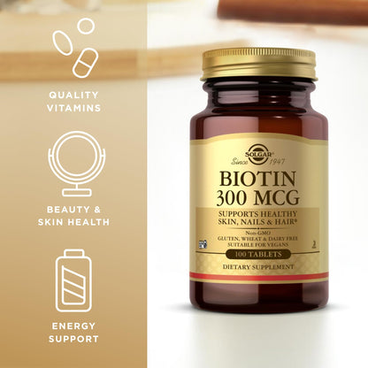Solgar Biotin 300 mcg - 100 Tablets - Supports Healthy Skin, Nails & Hair - Non-GMO, Vegan, Gluten Free, Dairy Free, Kosherl - 100 Servings