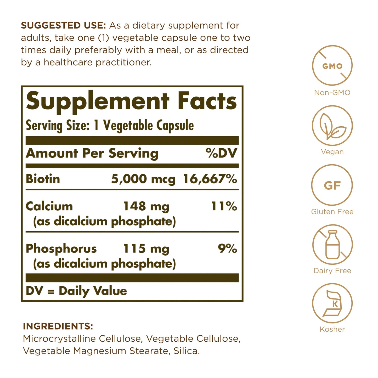 Solgar Biotin 5000 mcg - 100 Vegetable Capsules - Supports Healthy Skin, Nails & Hair - Non-GMO, Vegan, Gluten Free, Dairy Free, Kosher - 100 Servings