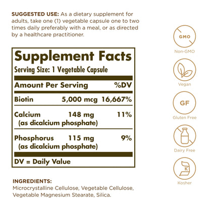 Solgar Biotin 5000 mcg - 100 Vegetable Capsules - Supports Healthy Skin, Nails & Hair - Non-GMO, Vegan, Gluten Free, Dairy Free, Kosher - 100 Servings