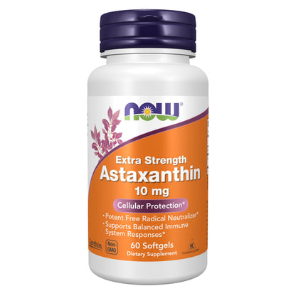 NOW Foods Supplements, Astaxanthin 10mg, Extra Strength,derived from Non-GMO Haematococcus Pluvialis Microalgae and has naturally occurring Lutein, Canthaxanthin and Beta-Carotene, 60 Softgels