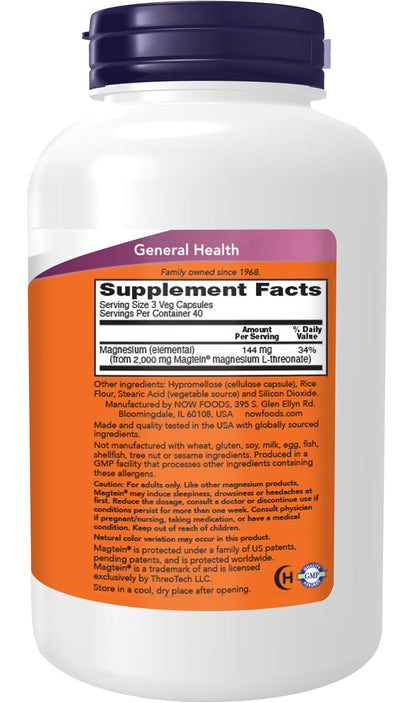 NOW Foods Supplements Magtein, Magnesium L-Threonate, Cognitive Support*, 120 Veg Capsules