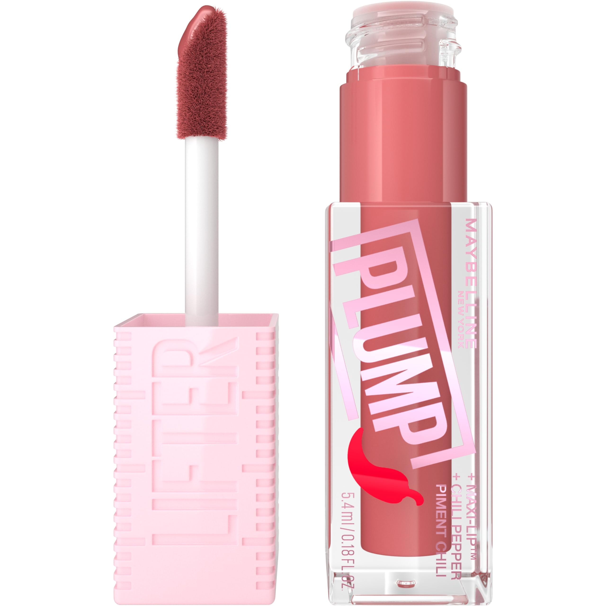 MAYBELLINE Lifter Gloss Lifter Plump, Plumping Lip Gloss with Chili Pepper and 5% Maxi-Lip, Peach Fever, Peachy Nude Cream, 1 Count