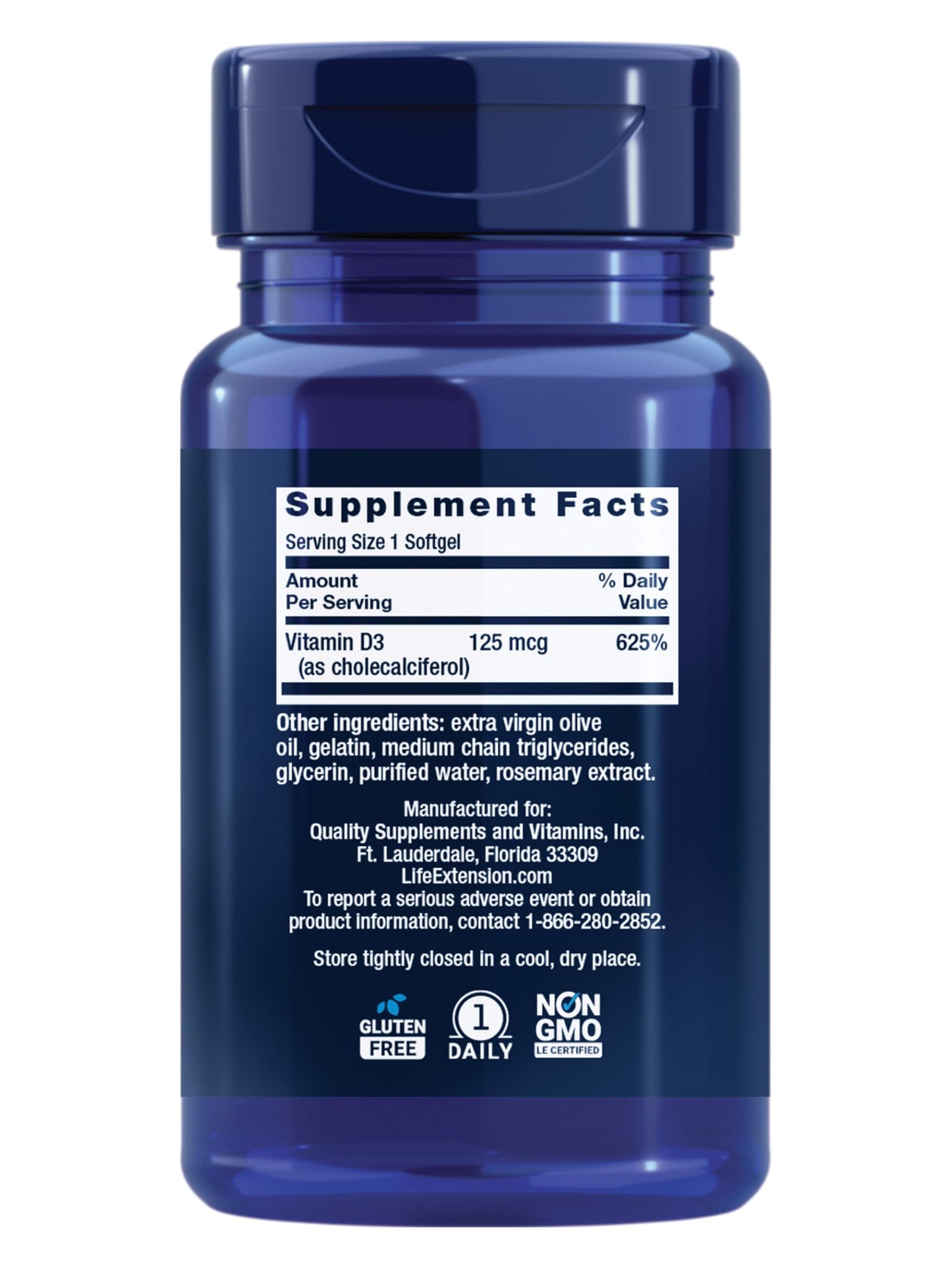 Life Extension Vitamin D3 125 mcg (5000 IU), Bone Health, Brain Performance, Immune System Support, Gluten-Free, Non-GMO, Once Daily, Two-Month Supply, 60 Softgels