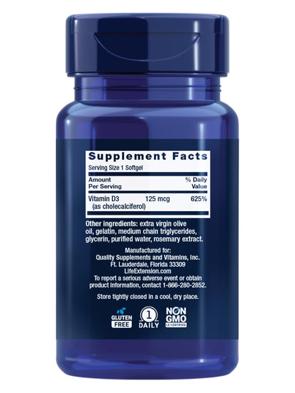 Life Extension Vitamin D3 125 mcg (5000 IU), Bone Health, Brain Performance, Immune System Support, Gluten-Free, Non-GMO, Once Daily, Two-Month Supply, 60 Softgels