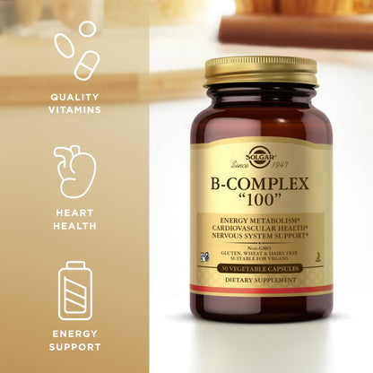 Solgar B-Complex 100" - 50 Vegetable Capsules - Energy Metabolism, Nervous System Support - Non-GMO, Vegan, Gluten Free - 50 Servings