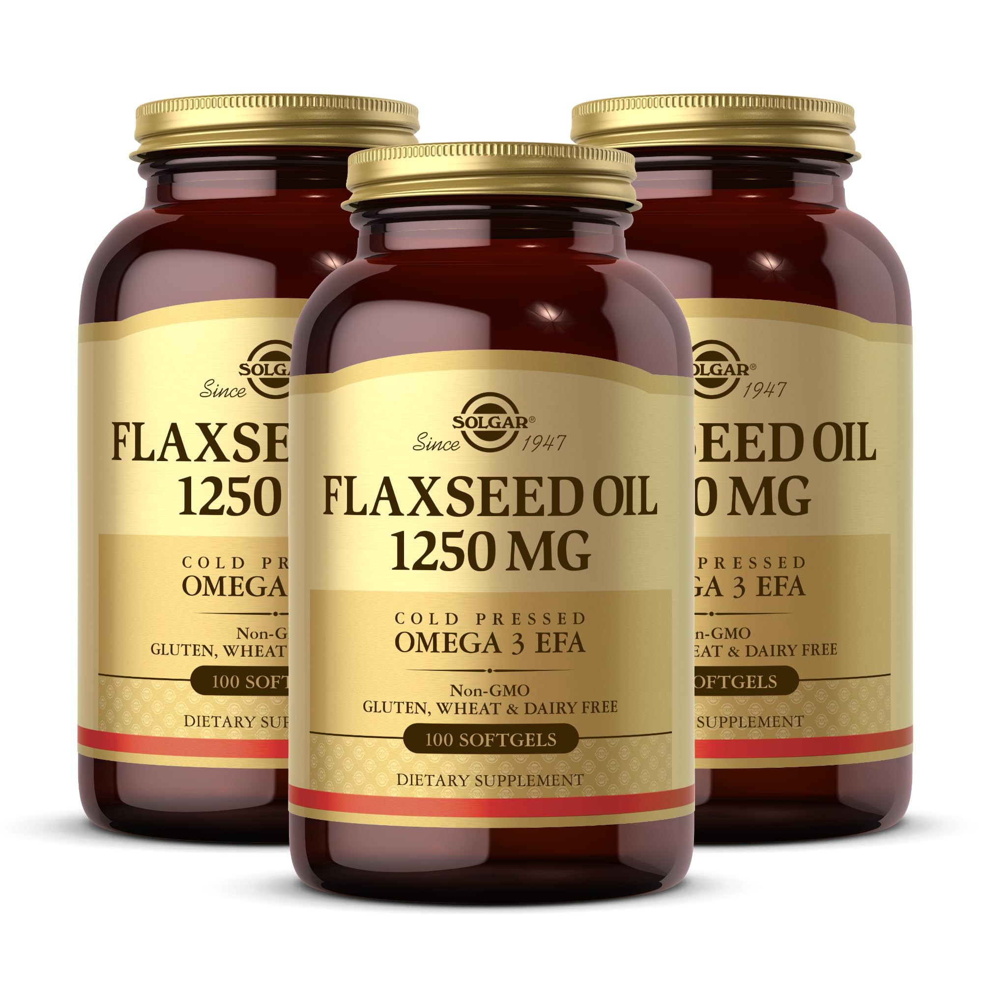 Solgar Flaxseed Oil 1250 mg - 100 Softgels, Pack of 3 - Concentrated Plant Source of Omega-3 Alpha-Linoleic Acid (ALA) - Non-GMO, Gluten Free - 150 Total Servings