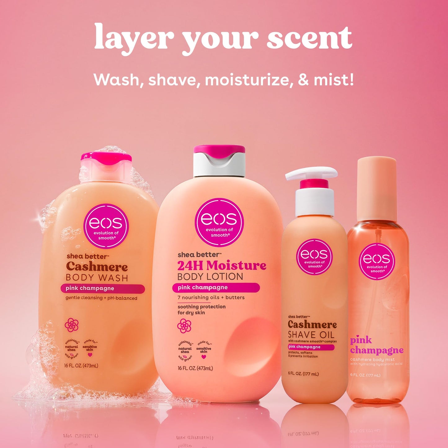 eos Cashmere Shave Oil- Pink Champagne, Moisturizing Shea Butter, 6 fl oz
