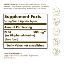 Solgar DLPA 500 mg, 100 Vegetable Capsules - Free Form DL-Phenylalanine