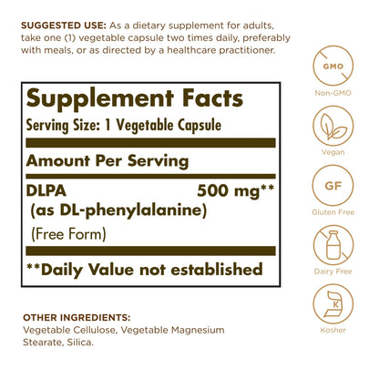Solgar DLPA 500 mg, 100 Vegetable Capsules - Free Form DL-Phenylalanine