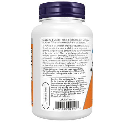 NOW Foods Supplements, Tri-Amino with L-Arginine, L-Ornithine, L-Lysine, Supports Protein Metabolism*, 120 Capsules