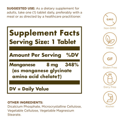 Solgar Chelated Manganese - 100 Tablets, Pack of 3 - Supports Bone, Joint & Nerve Health - Non-GMO, Vegan, Gluten Free, Dairy Free, Kosher - 300 Total Servings