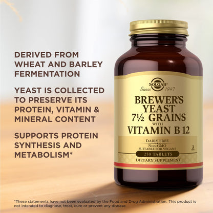 Solgar Brewer's Yeast 7 ½ Grains with Vitamin B12 - 250 Tablets, Pack of 2 - Non-GMO, Vegan, Dairy Free, Kosher - 82 Total Servings