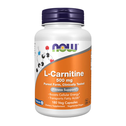NOW Foods Supplements, L-Carnitine 500mg, Purest Form, Amino Acid, Fitness Support*, 180 Veg Capsules