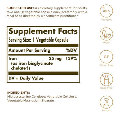 Solgar Gentle Iron (Iron Bisglycinate) 25 mg - 90 Vegetable Capsules - Non-Constipating, Gentle on Your Stomach - Gluten Free - 90 Servings