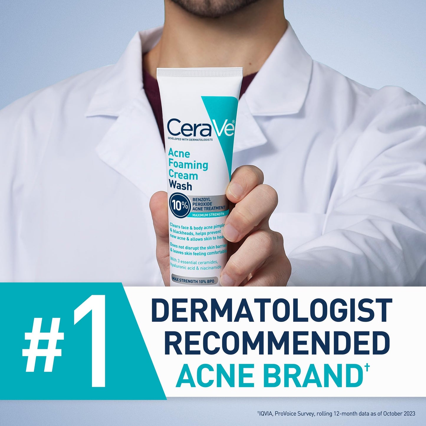 CeraVe Acne Foaming Cream Wash, 10% Benzoyl Peroxide Facial Cleanser, 5oz